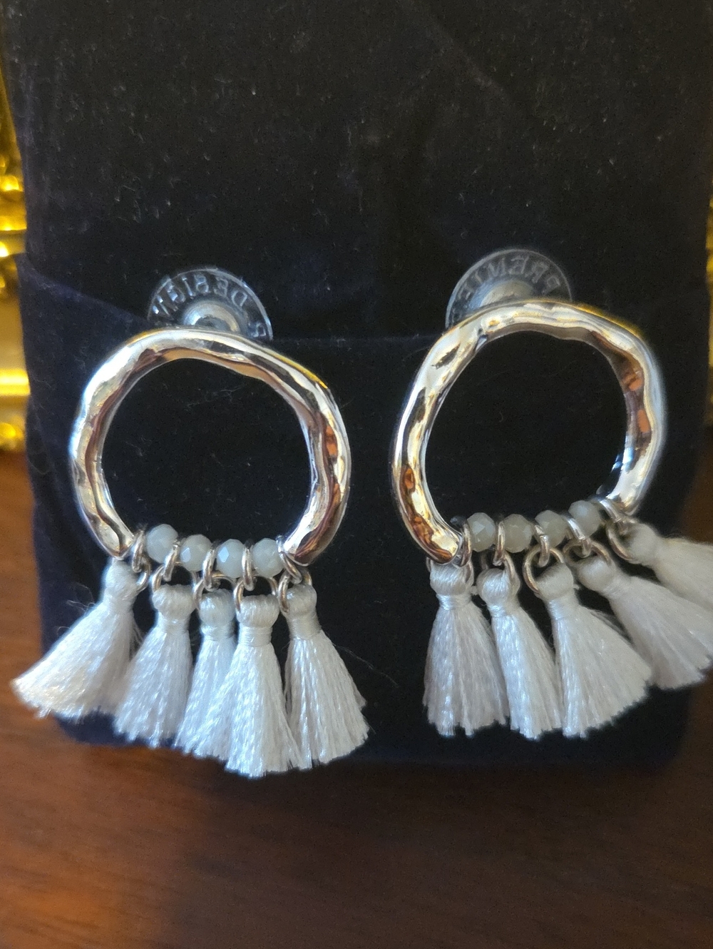 Premier Designs Signed Silver Hoop Tassel Drop Earrings - White Tassels